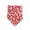 A red strawberry print bandana featuring strawberries on a white background.