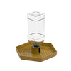 A clear automatic reptile water dispenser bowl with a yellow tray and a metal base.