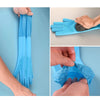 Close-up shots of blue pet grooming gloves for dogs and cats showing different usage angles.
