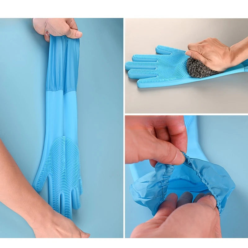 Close-up shots of blue pet grooming gloves for dogs and cats showing different usage angles.