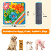 A colorful pet sniffing mat designed for dog training and slow feeding, shown next to various animals.