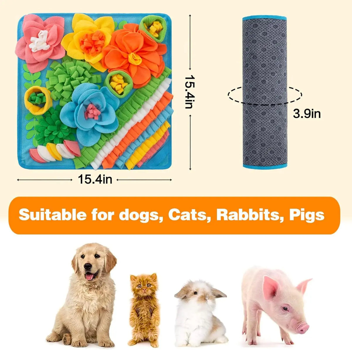 A colorful pet sniffing mat designed for dog training and slow feeding, shown next to various animals.