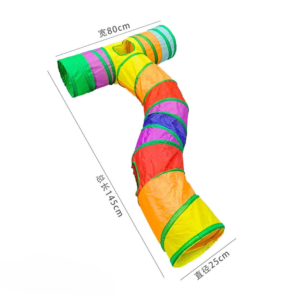 A colorful, flexible play tunnel for cats, showing various bright colors like green, yellow, orange, and purple.