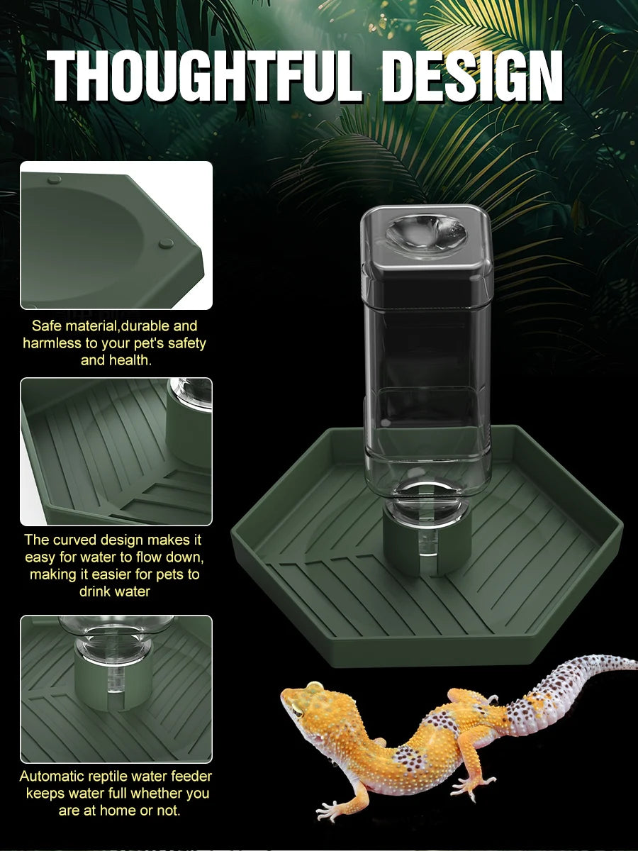 A green reptile water feeder designed with a curved dish for easy water flow.