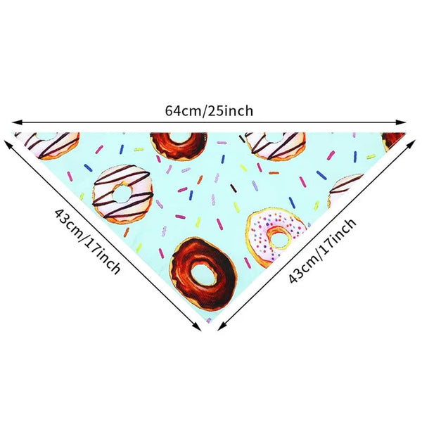 A sheet of donut print dog bandanas with various donuts and sprinkles, measuring 64cm by 43cm.