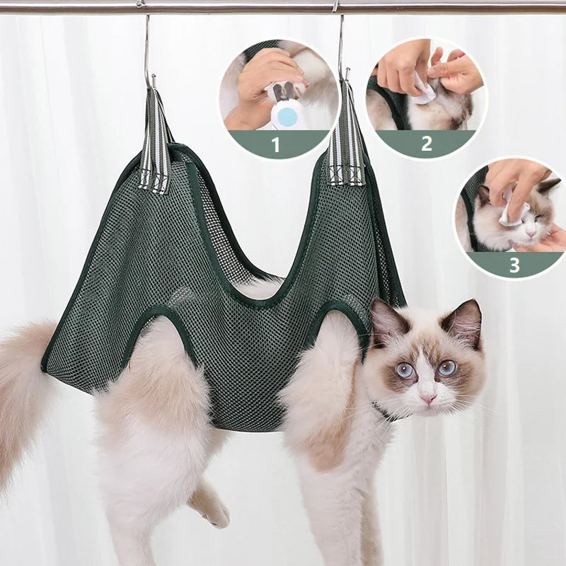 A cat is shown wearing a mesh hammock designed to restrain its nails for trimming, with close-ups illustrating the use of the