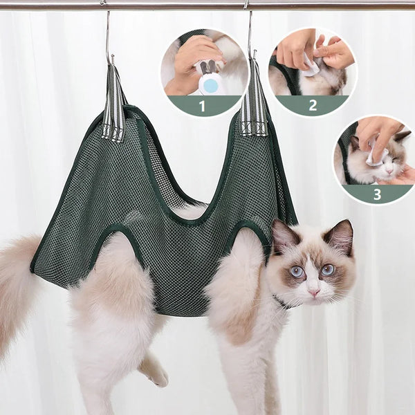 A cat is shown wearing a mesh hammock designed to restrain its nails for trimming, with close-ups illustrating the use of the