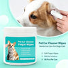 A white container of Pet Ear Cleaner Finger Wipes is shown next to a dog and a cat being gently cleaned.