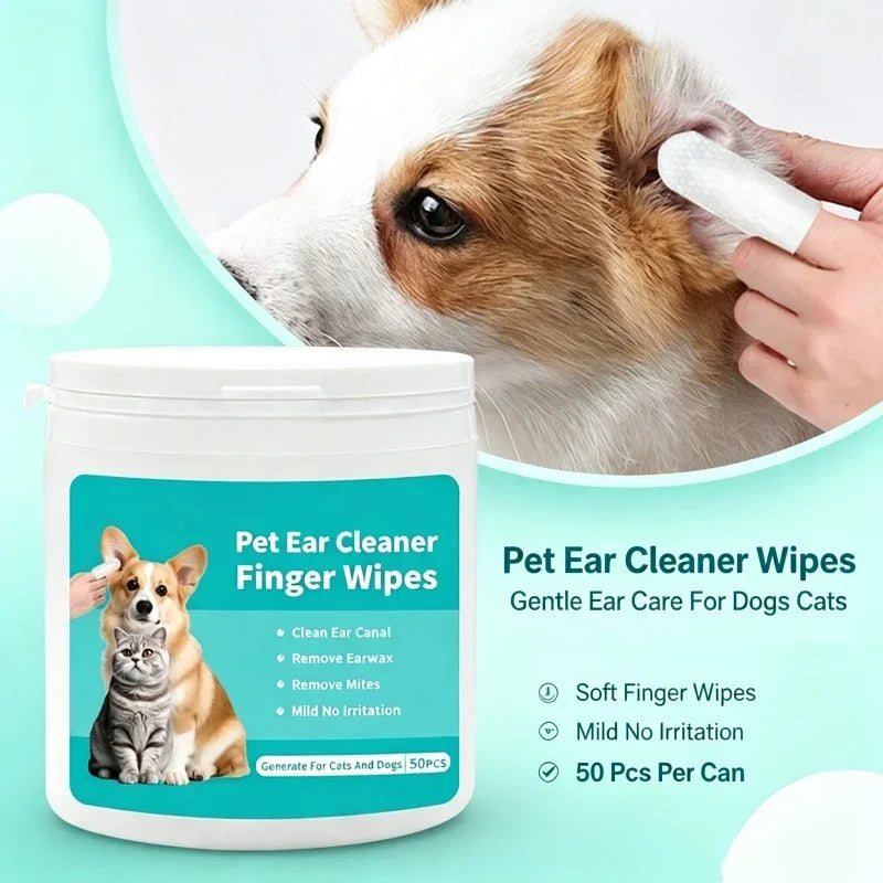A white container of Pet Ear Cleaner Finger Wipes is shown next to a dog and a cat being gently cleaned.
