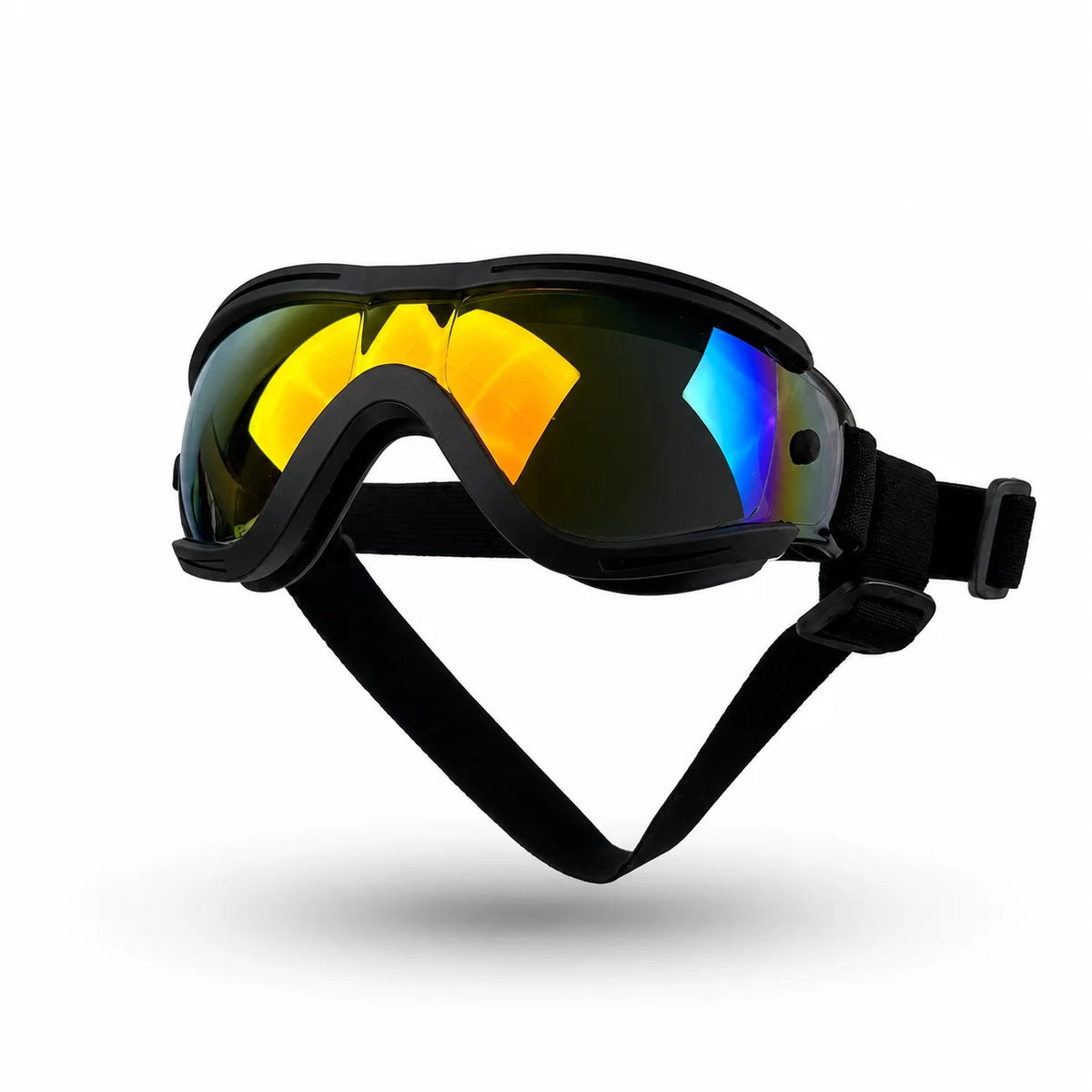 A pair of black adjustable pet sunglasses with yellow and blue mirrored lenses shown against a white background.