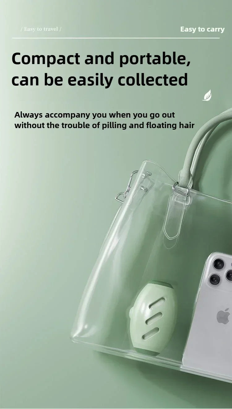 A reusable pet hair remover roller in light green is shown inside its clear protective case.
