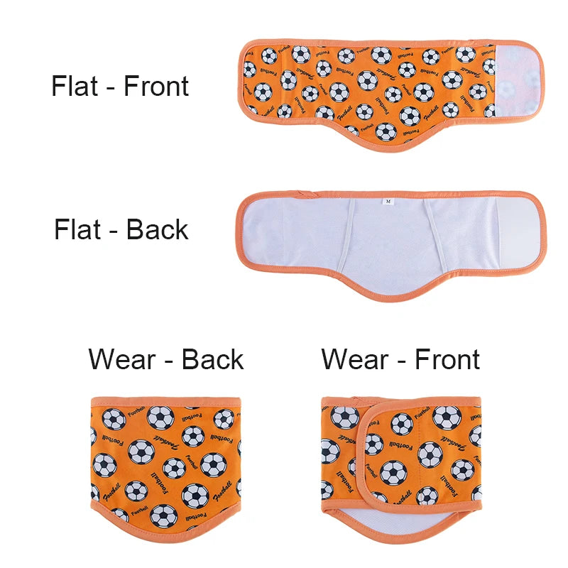 Reusable washable sanitary pants for male dogs shown in flat and wear formats