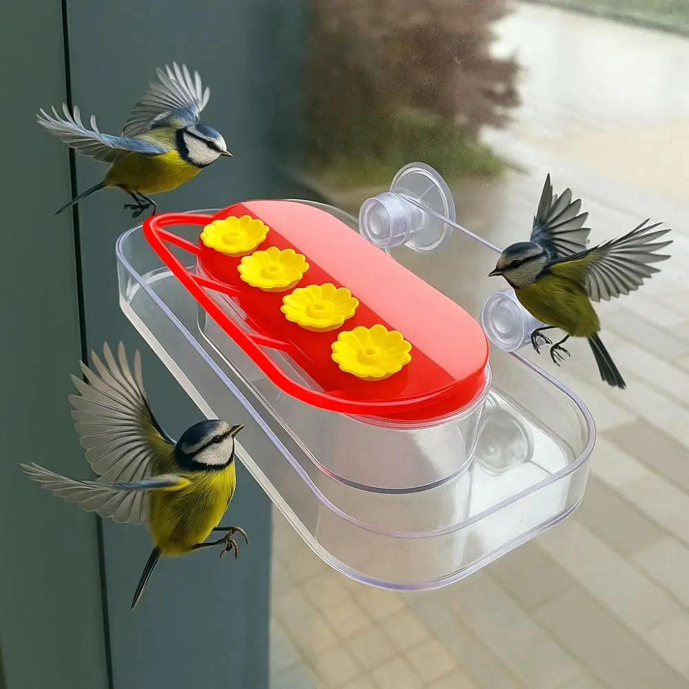 A hummingbird feeder with a transparent reservoir and suction cup delivery system, featuring yellow nectar and small birds.