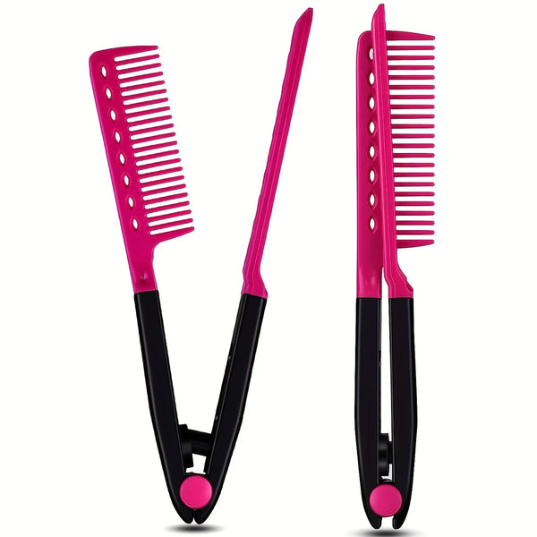 A pair of bright pink V-shaped straightening hair combs with black handles.