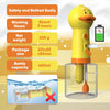 A yellow duck-shaped electric foam dispenser with a clear bottle, showing its dimensions and usage instructions.