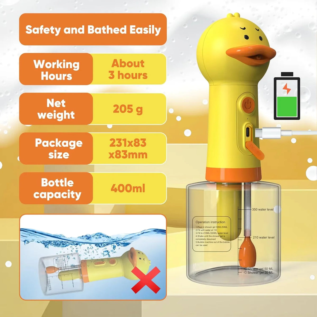 A yellow duck-shaped electric foam dispenser with a clear bottle, showing its dimensions and usage instructions.