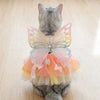 A gray cat wearing a colorful rainbow butterfly pet dress with sheer fabric wings.