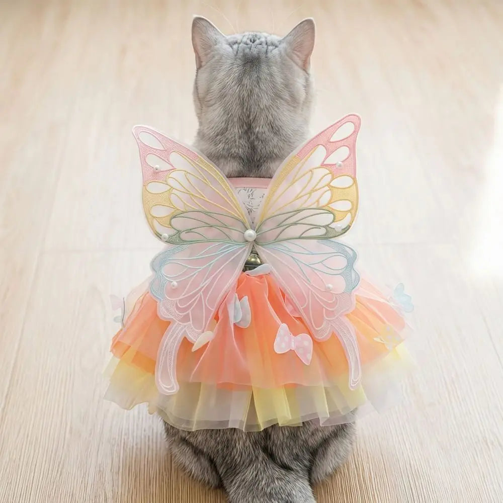 A gray cat wearing a colorful rainbow butterfly pet dress with sheer fabric wings.