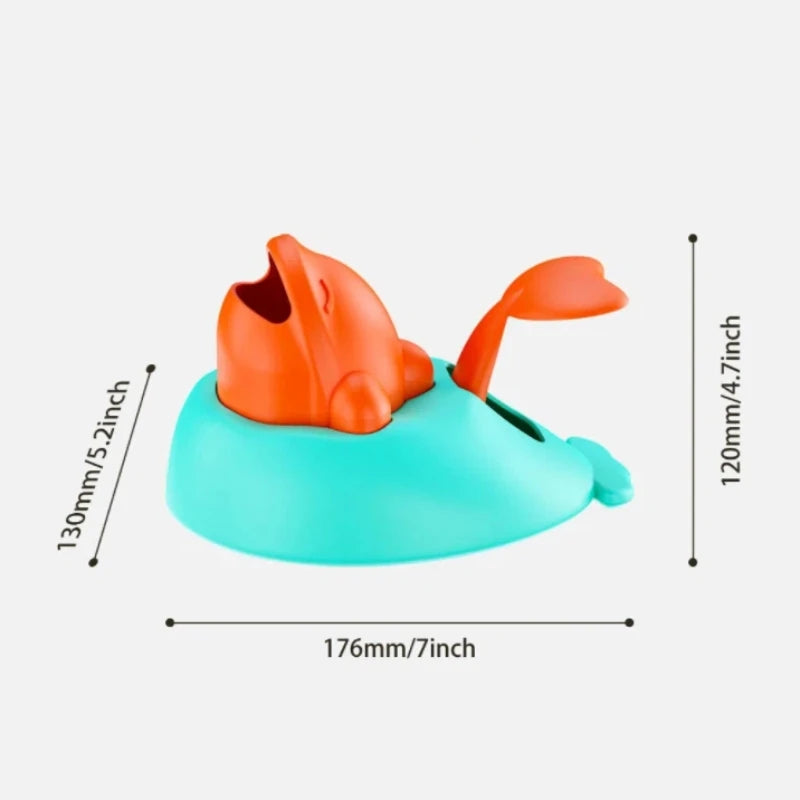Leuchtend orange und türkisinteraktiver Spielzeug-Futterspender in Fischform.