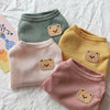 Three knitted pet shirts in sage green, yellow, and pink with embroidered bear faces.