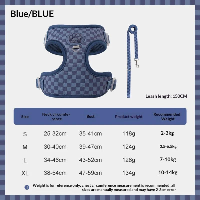 Blue checkered no-pull dog harness with leash for small dogs shown against a gray background.