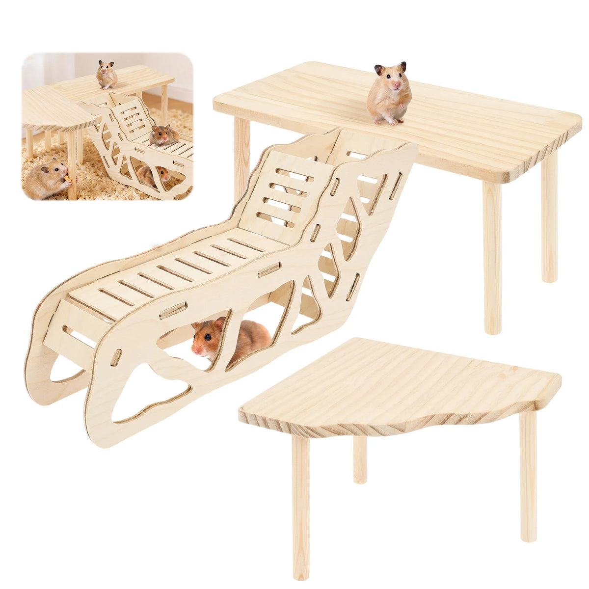 Natural wood hamster climbing and exercise set featuring a wooden ramp and perch for small rodents.
