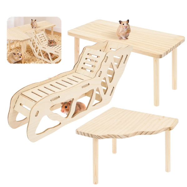 Natural wood hamster climbing and exercise set featuring a wooden ramp and perch for small rodents.
