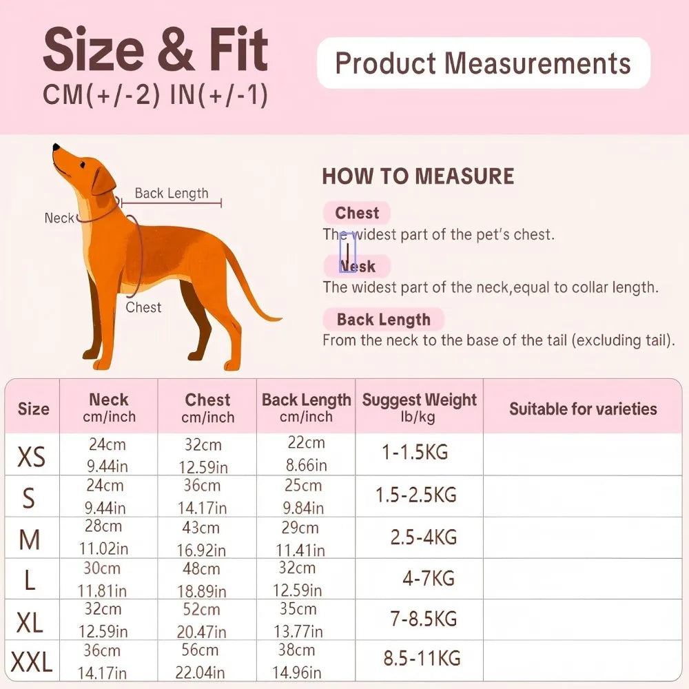 A size chart detailing measurements for a breathable leopard print pet vest for small dogs and cats.