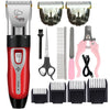 A set of professional pet hair clippers and grooming kit including various blades and attachments.