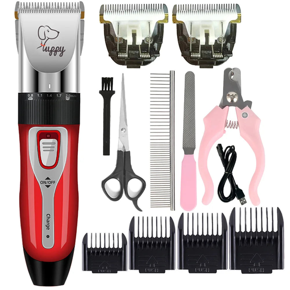 A set of professional pet hair clippers and grooming kit including various blades and attachments.