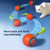 An orange cat toy ball is shown moving unpredictably in a curved path across a blue background.