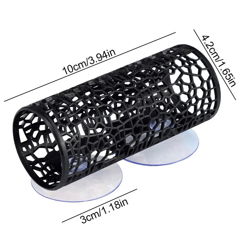 Black aquarium hideout tube with suction cups for betta and small fish
