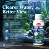 Bouteille de clarifiant pour l'eau du bac à poissons avec un bouchon blanc, devant un aquarium.