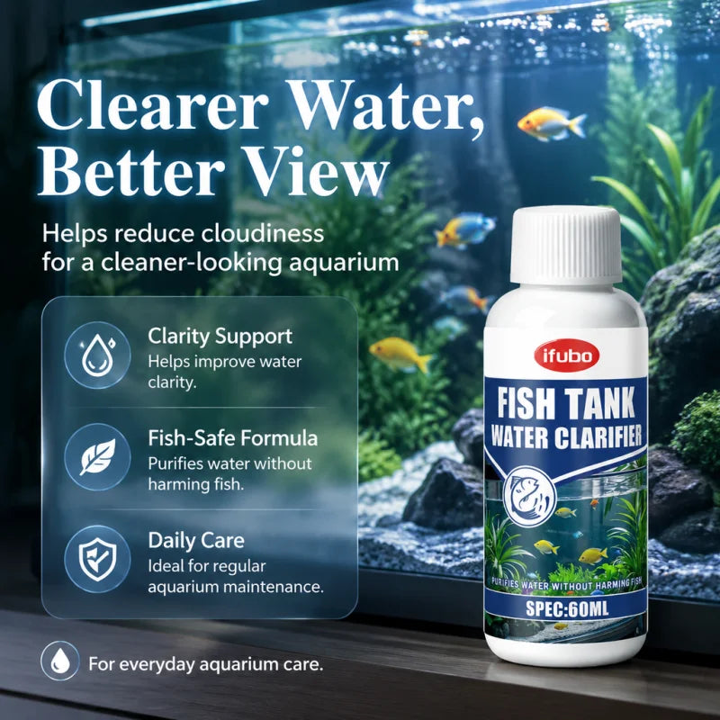 Bouteille de clarifiant pour l'eau du bac à poissons avec un bouchon blanc, devant un aquarium.