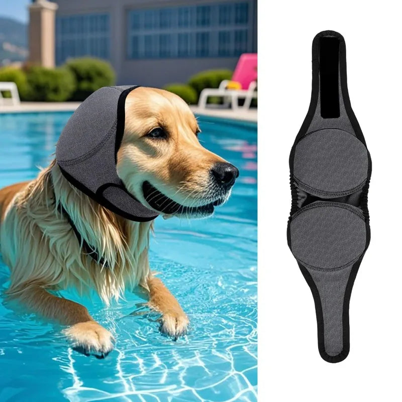 A gray dog noise reduction ear muff is shown next to a golden retriever swimming in blue water.