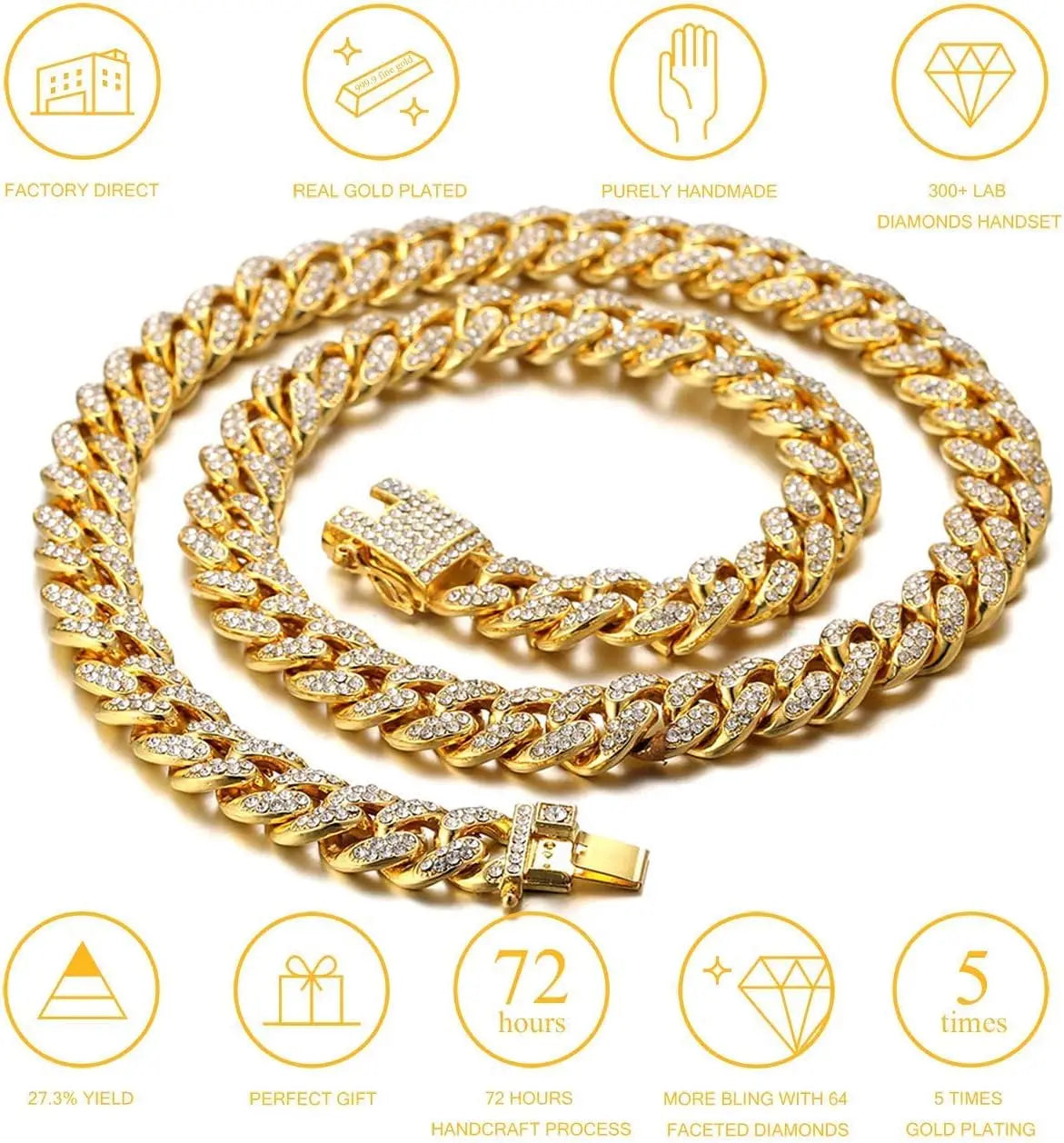 Rapproché d'une chaîne de collier cubain en cristal plaqué or pour chats, montré sous divers angles et avec des icônes de pro