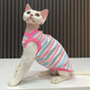 A white cat wearing a pink and blue striped stretchy tank top, looking up.