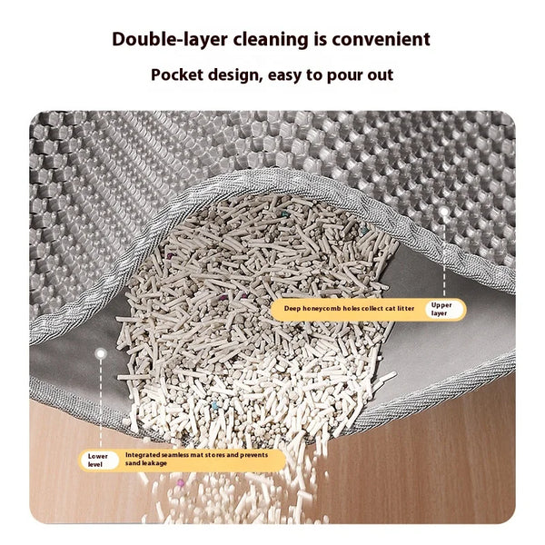 A double-layer cat litter mat showing a top layer of pellets and an integrated bottom layer for easy cleaning.
