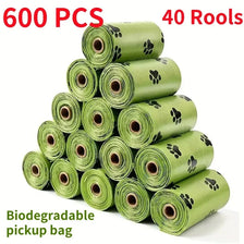 A stack of 40 rolls of biodegradable poop bags in light green packaging.