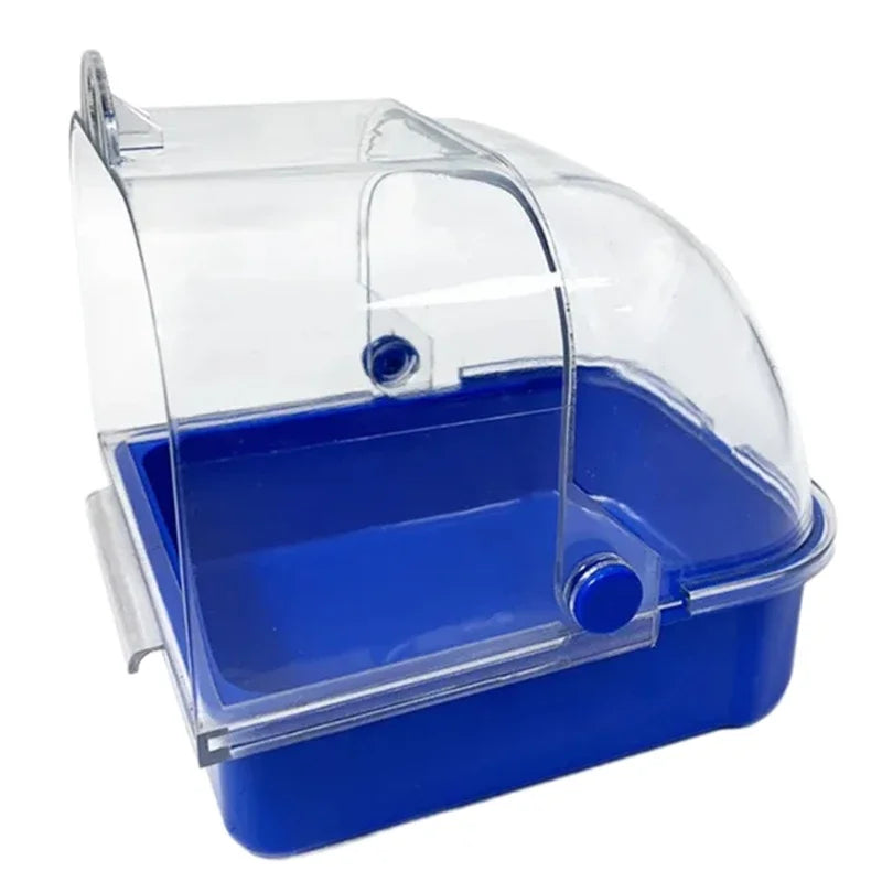 Clear plastic external bird bath with a blue base and dome cover for birds