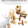 A collection of small wooden molar toys and chew sticks for pets, including a white rabbit.