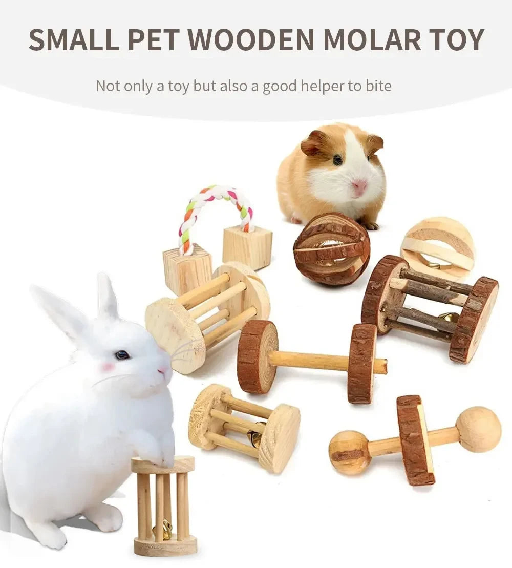 A collection of small wooden molar toys and chew sticks for pets, including a white rabbit.