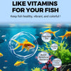 Image showing a yellow fish in clear water with text encouraging the use of vitamins for fish health.