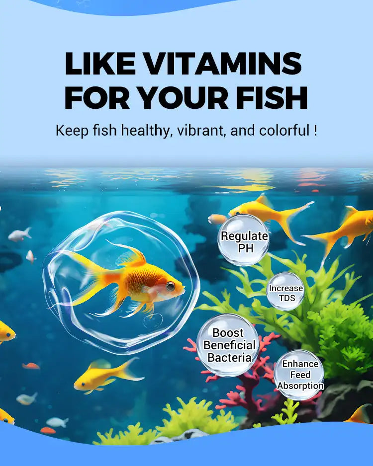 Image showing a yellow fish in clear water with text encouraging the use of vitamins for fish health.