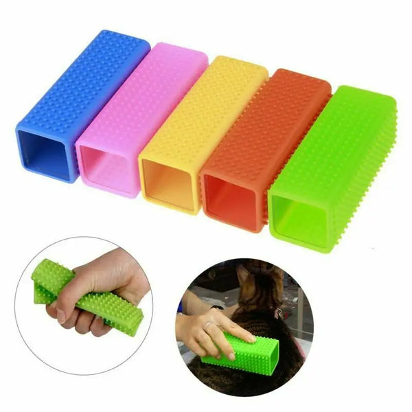 A set of silicone pet hair remover brushes in various colors, including blue, pink, yellow, orange, and green.