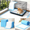 Blue pet training pads and a black wire crate for dog training.