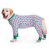 A golden retriever wearing a long-sleeved, colorful cartoon print cotton pajama top.