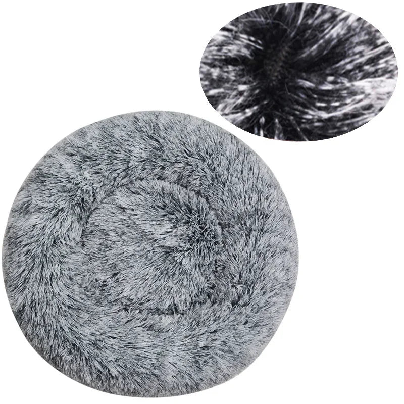 A circular image showing a close-up of ultra-soft plush pet beds for dogs and cats.