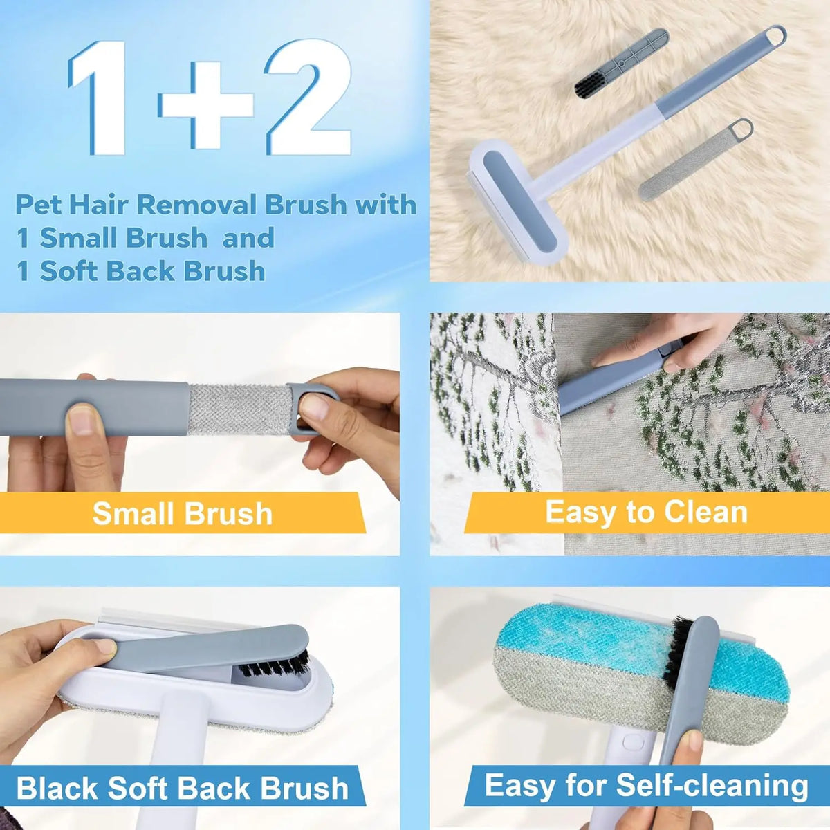 A set of pet hair removal brushes including a small brush, a soft back brush, and a black soft back brush.