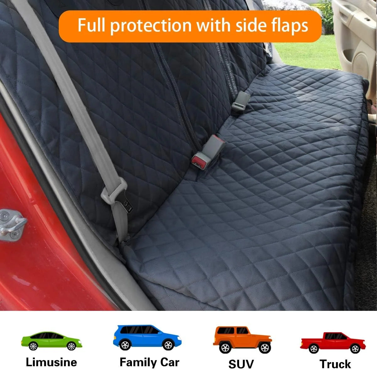 A dark gray waterproof dog car seat cover with side flaps and a safety strap installed in a vehicle interior.